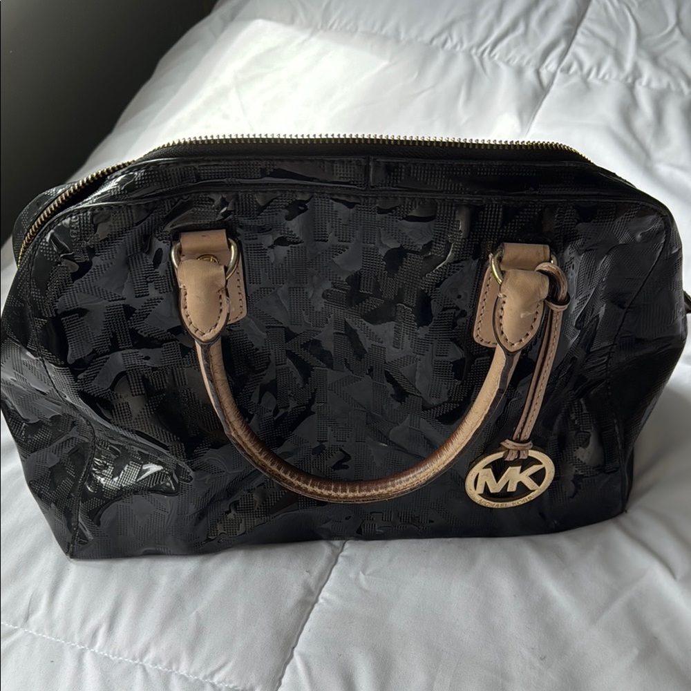 Michael Kors Black and Tan Satchel with Glossy Finish
